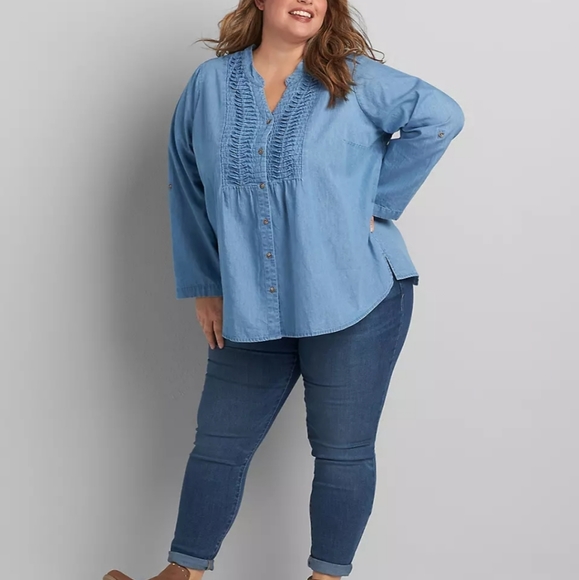 Lane Bryant Tops - Lane Bryant Pintuck-Yoke Button-Front Denim Blouse